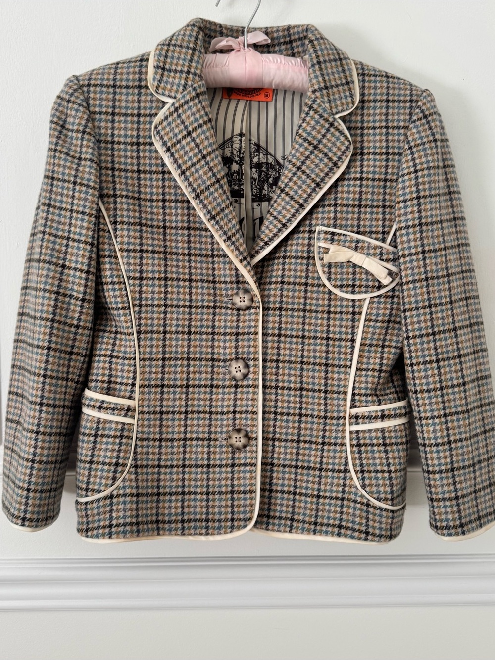 Juicy Couture Beige and Blue Checked Blazer with Cream Piping